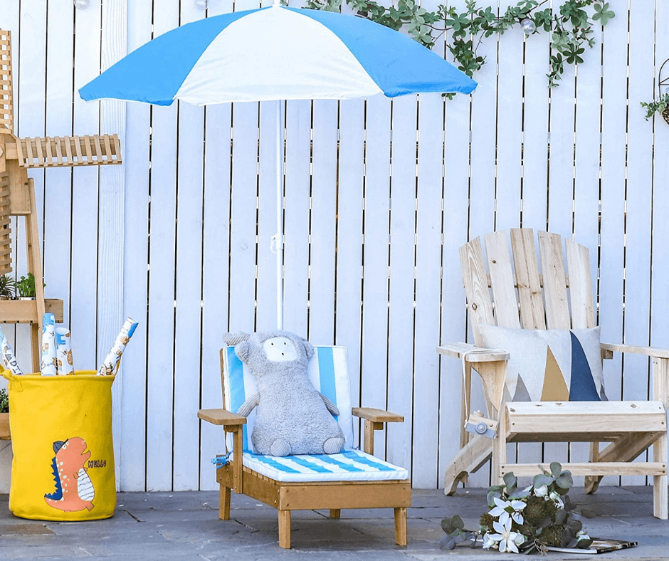 Blue Wooden Kids Lounge Chaise with Foldable Adjustable Parasol