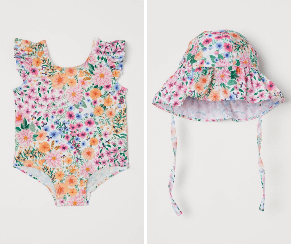 floral swimsuit and sun hat