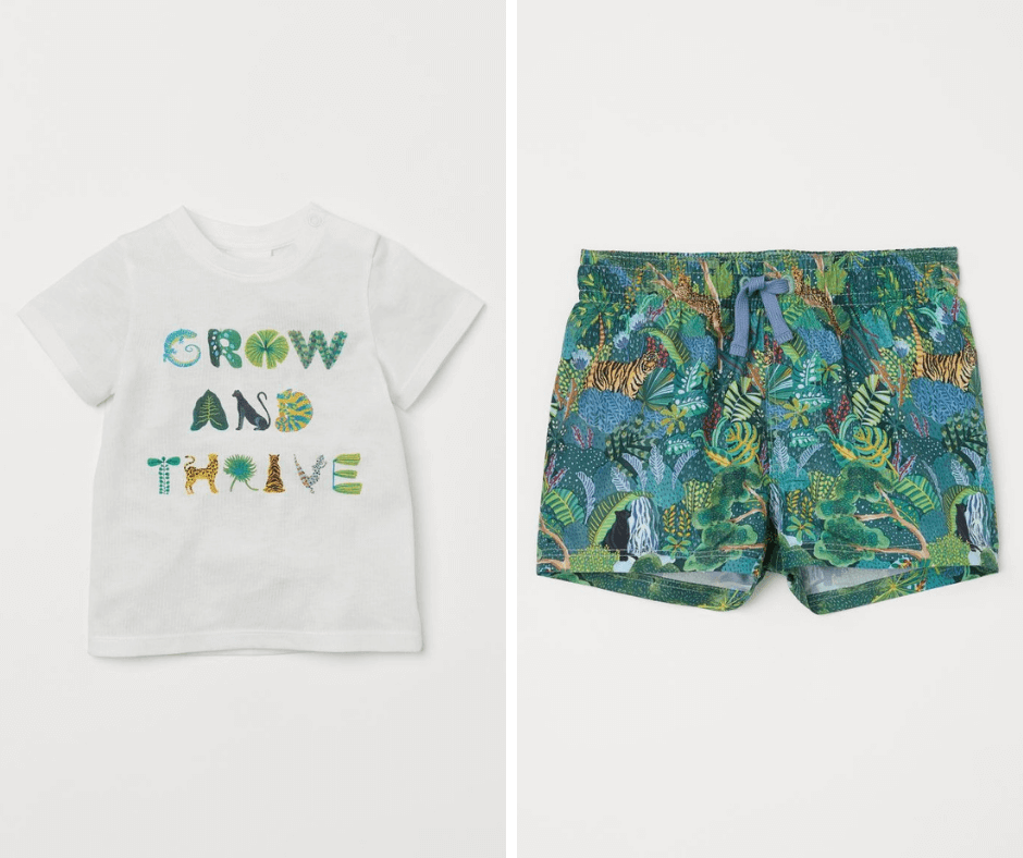 printed t-shirt and swim shorts