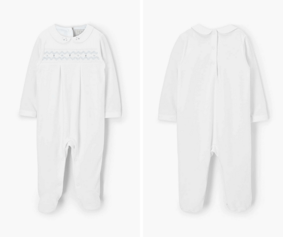 white smocked sleepsuit